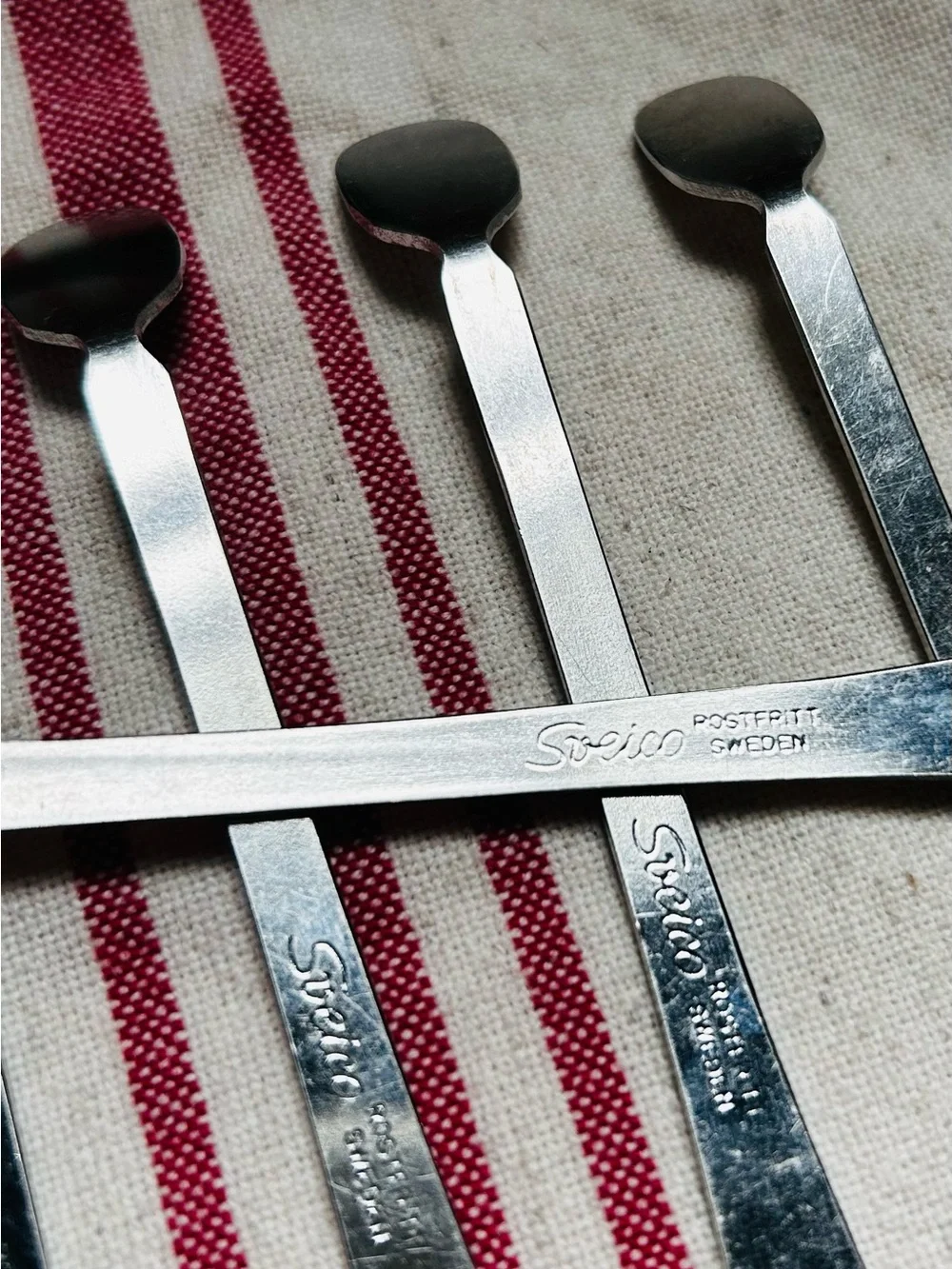 Set of five vintage Sveico stainless drink/coffee stirrers. Made in Sweden.